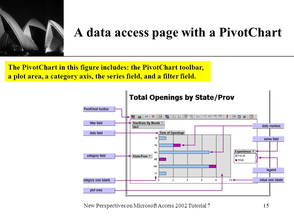 XP New Perspectives on Microsoft Access 2002 Tutorial 715 A data access page with a PivotChart The PivotChart in this figure includes: the PivotChart toolbar, a plot area, a category axis, the series field, and a filter field.