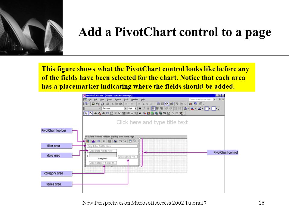 XP New Perspectives on Microsoft Access 2002 Tutorial 716 Add a PivotChart control to a page This figure shows what the PivotChart control looks like before any of the fields have been selected for the chart.