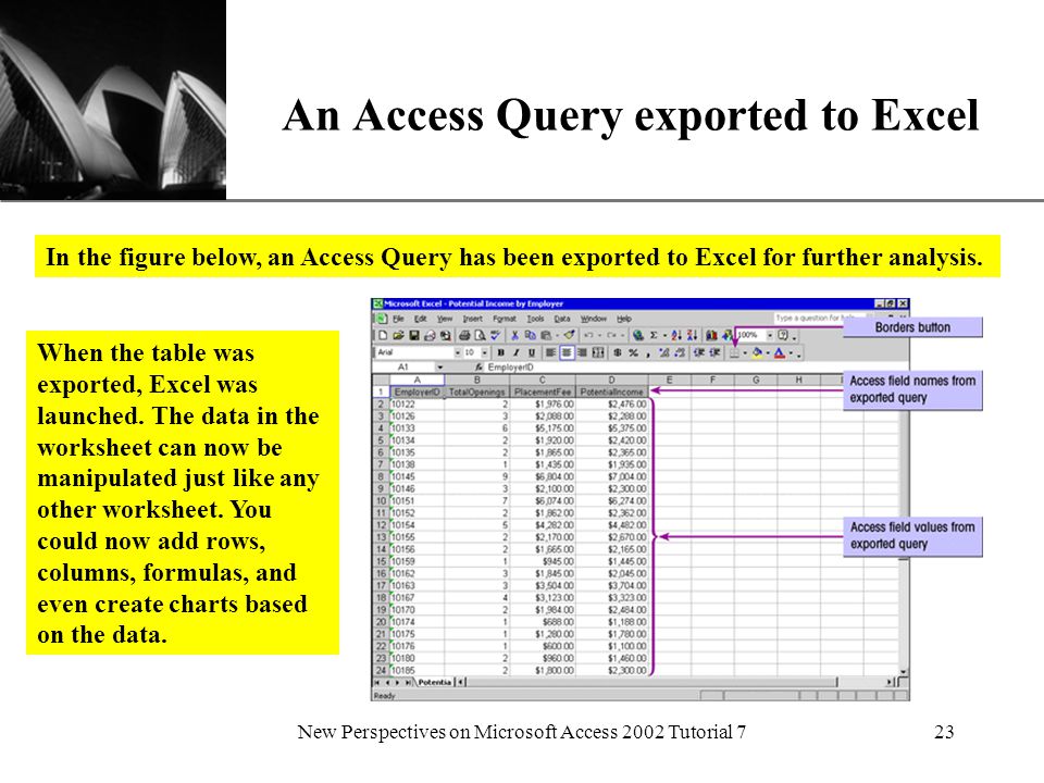 XP New Perspectives on Microsoft Access 2002 Tutorial 723 An Access Query exported to Excel When the table was exported, Excel was launched.