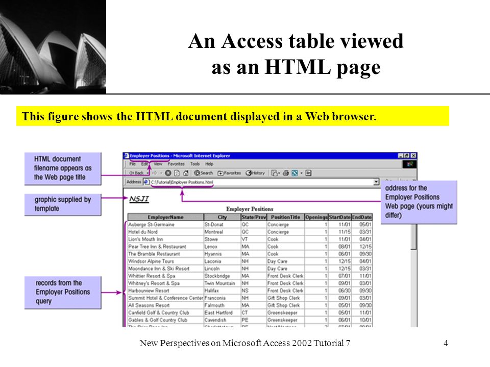 XP New Perspectives on Microsoft Access 2002 Tutorial 74 An Access table viewed as an HTML page This figure shows the HTML document displayed in a Web browser.
