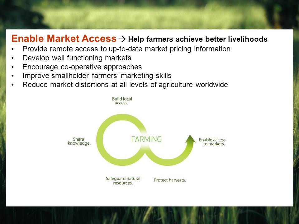 Enable Market Access  Help farmers achieve better livelihoods Provide remote access to up-to-date market pricing information Develop well functioning markets Encourage co-operative approaches Improve smallholder farmers’ marketing skills Reduce market distortions at all levels of agriculture worldwide