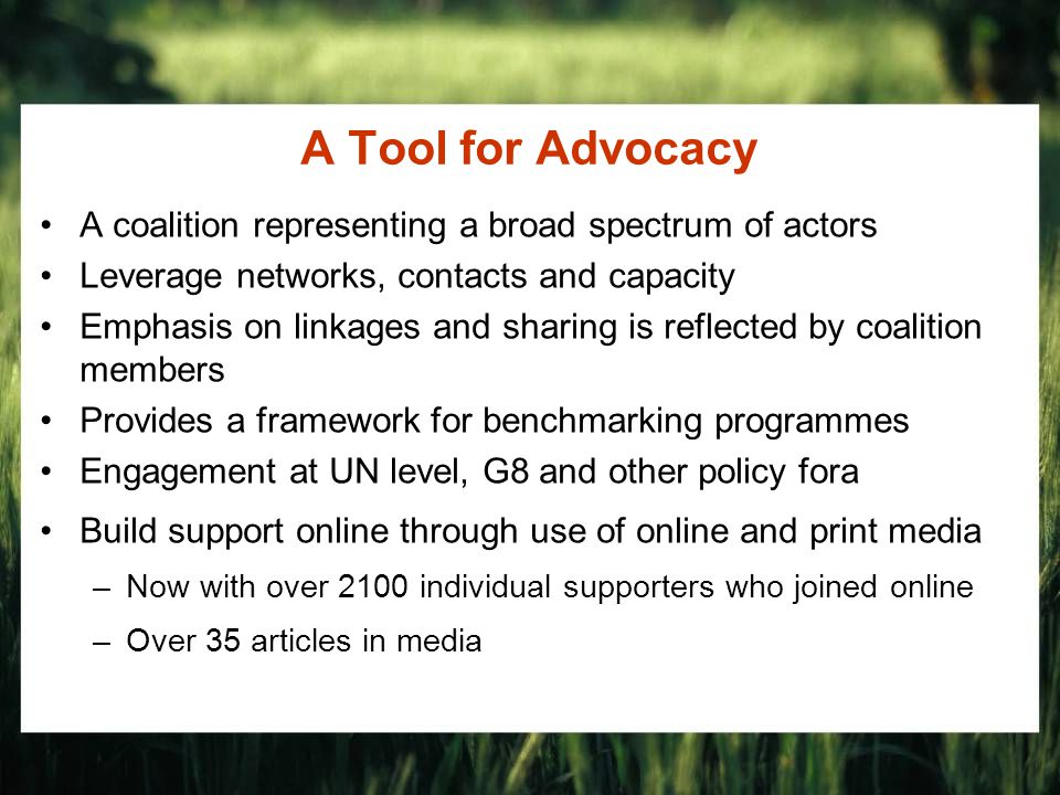 A Tool for Advocacy A coalition representing a broad spectrum of actors Leverage networks, contacts and capacity Emphasis on linkages and sharing is reflected by coalition members Provides a framework for benchmarking programmes Engagement at UN level, G8 and other policy fora Build support online through use of online and print media –Now with over 2100 individual supporters who joined online –Over 35 articles in media