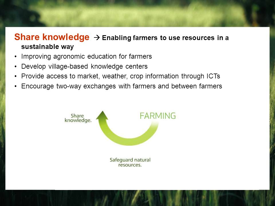 Share knowledge  Enabling farmers to use resources in a sustainable way Improving agronomic education for farmers Develop village-based knowledge centers Provide access to market, weather, crop information through ICTs Encourage two-way exchanges with farmers and between farmers