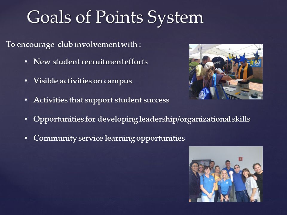 New student recruitment efforts Visible activities on campus Activities that support student success Opportunities for developing leadership/organizational skills Community service learning opportunities Goals of Points System To encourage club involvement with :