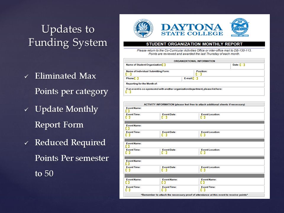 { Updates to Funding System Eliminated Max Points per category Update Monthly Report Form Reduced Required Points Per semester to 50