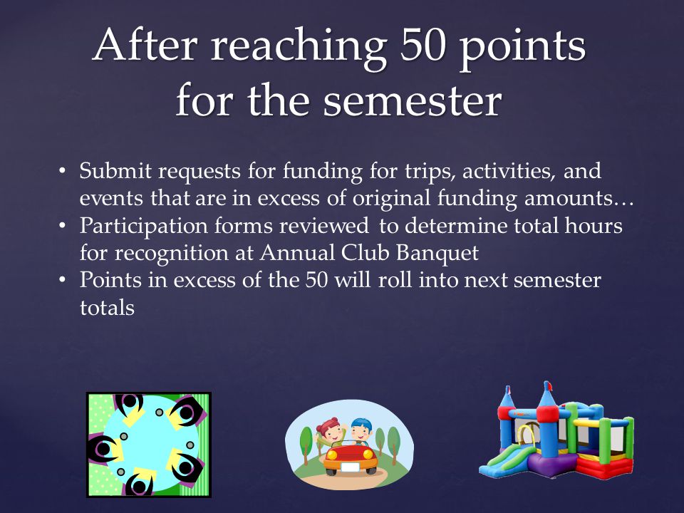 After reaching 50 points for the semester Submit requests for funding for trips, activities, and events that are in excess of original funding amounts… Participation forms reviewed to determine total hours for recognition at Annual Club Banquet Points in excess of the 50 will roll into next semester totals