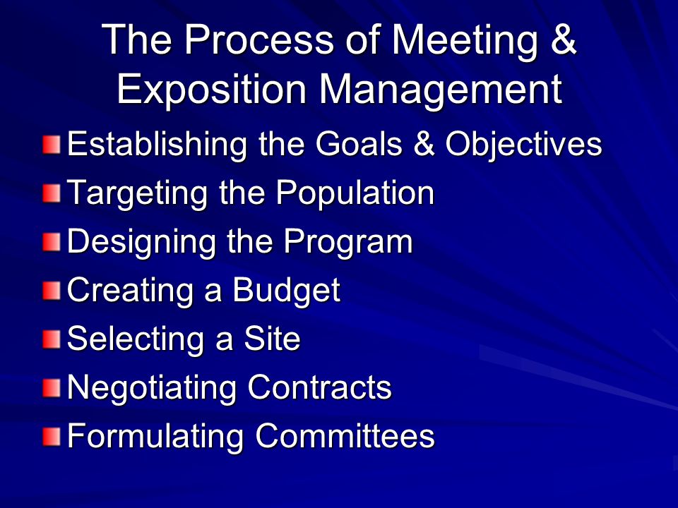 The Process of Meeting & Exposition Management Establishing the Goals & Objectives Targeting the Population Designing the Program Creating a Budget Selecting a Site Negotiating Contracts Formulating Committees