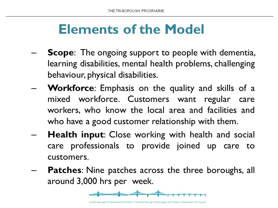 THE TRI-BOROUGH PROGRAMME Elements of the Model – Scope: The ongoing support to people with dementia, learning disabilities, mental health problems, challenging behaviour, physical disabilities.