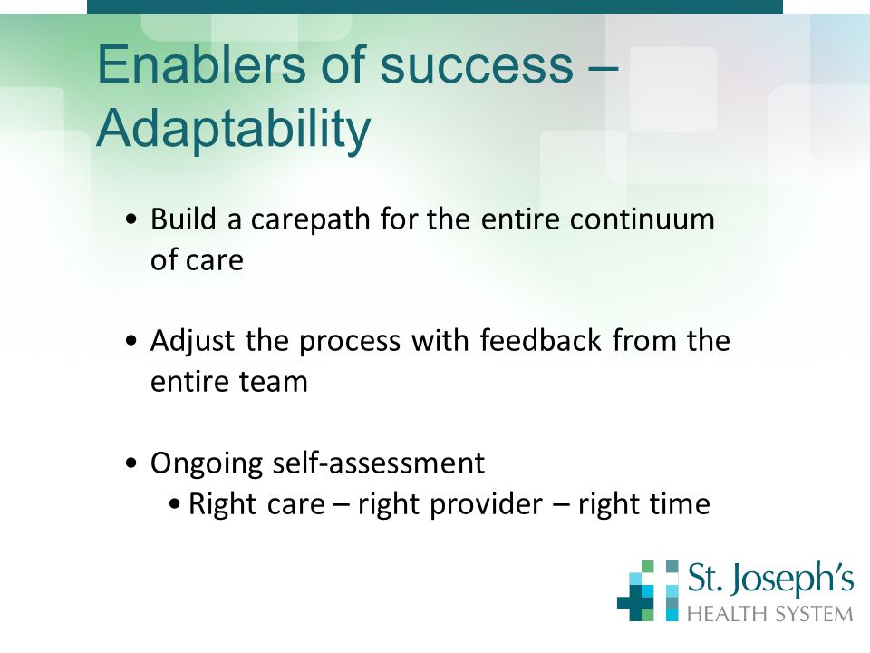 Enablers of success – Adaptability Build a carepath for the entire continuum of care Adjust the process with feedback from the entire team Ongoing self-assessment Right care – right provider – right time