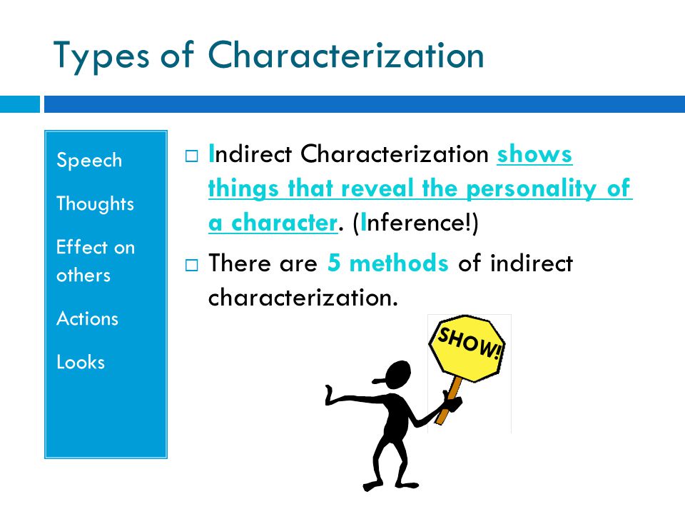 Types of Characterization Speech Thoughts Effect on others Actions Looks  Indirect Characterization shows things that reveal the personality of a character.