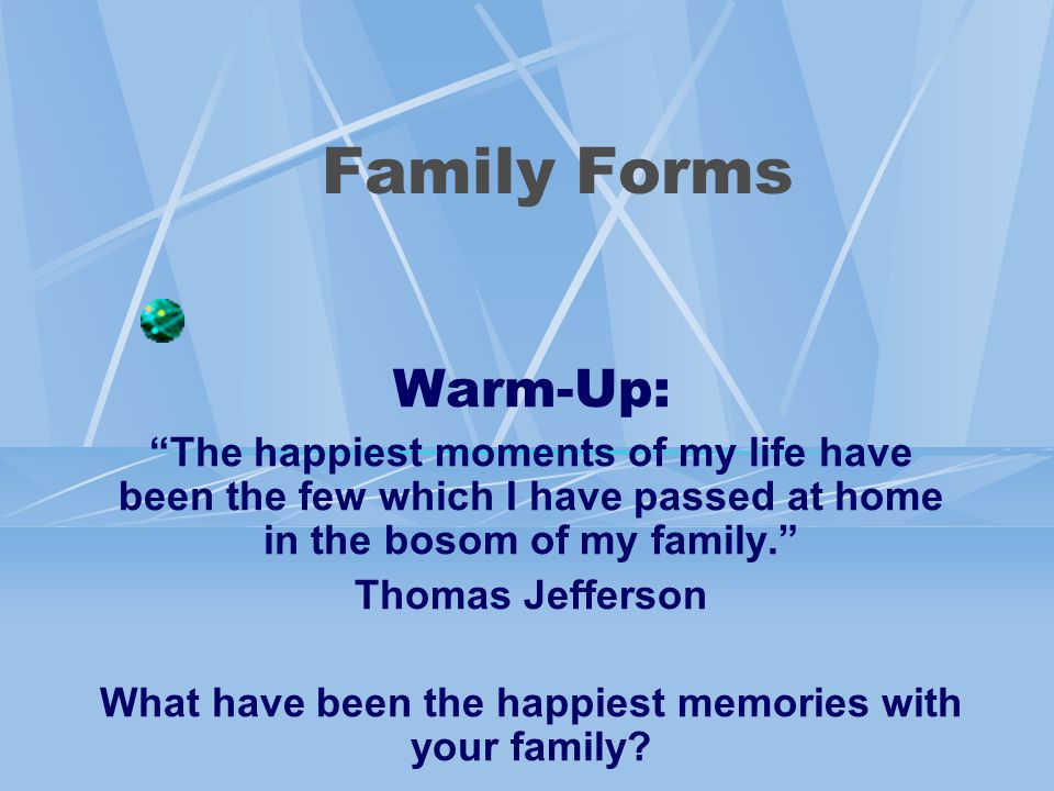 Warm-Up: The happiest moments of my life have been the few which I have passed at home in the bosom of my family. Thomas Jefferson What have been the happiest memories with your family.