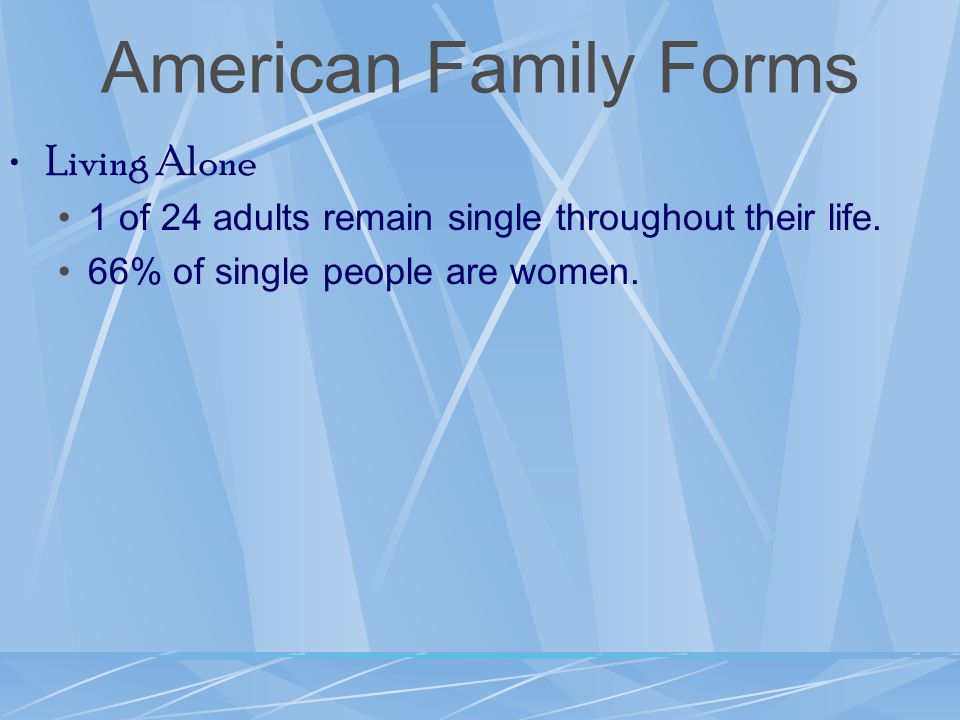 American Family Forms Living Alone 1 of 24 adults remain single throughout their life.