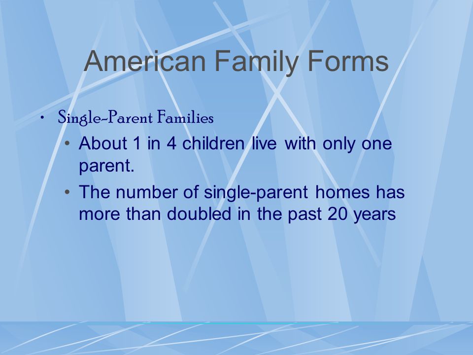 American Family Forms Single-Parent Families About 1 in 4 children live with only one parent.