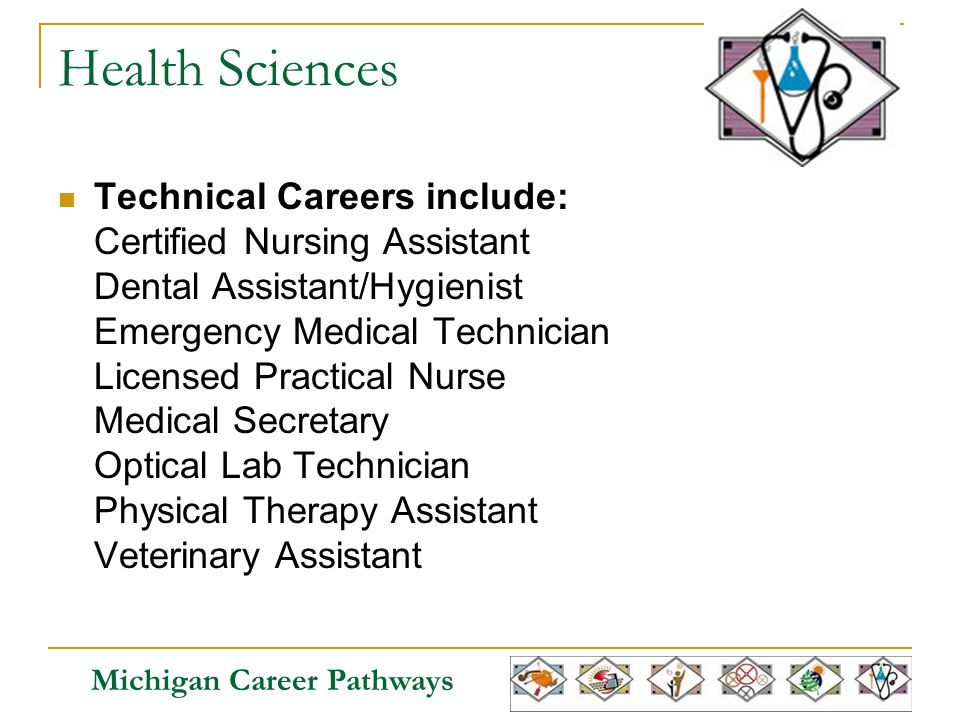 Michigan Career Pathways Health Sciences Technical Careers include: Certified Nursing Assistant Dental Assistant/Hygienist Emergency Medical Technician Licensed Practical Nurse Medical Secretary Optical Lab Technician Physical Therapy Assistant Veterinary Assistant
