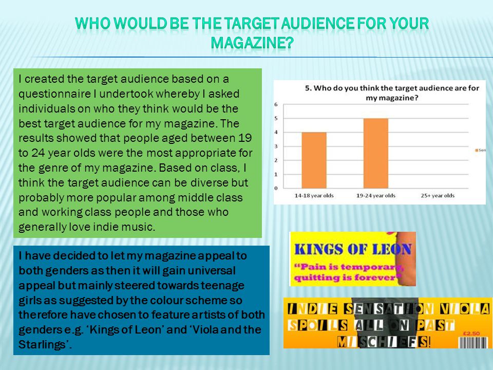 I created the target audience based on a questionnaire I undertook whereby I asked individuals on who they think would be the best target audience for my magazine.