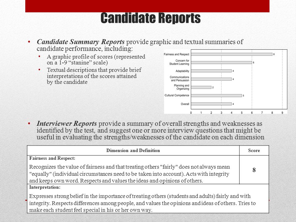 Candidate Reports Candidate Summary Reports provide graphic and textual summaries of candidate performance, including: A graphic profile of scores (represented on a 1-9 stanine scale) Textual descriptions that provide brief interpretations of the scores attained by the candidate Interviewer Reports provide a summary of overall strengths and weaknesses as identified by the test, and suggest one or more interview questions that might be useful in evaluating the strengths/weaknesses of the candidate on each dimension Dimension and DefinitionScore Fairness and Respect: Recognizes the value of fairness and that treating others fairly does not always mean equally (individual circumstances need to be taken into account).