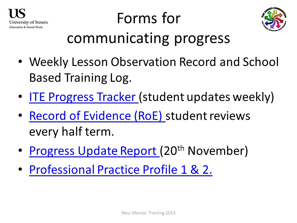 Forms for communicating progress Weekly Lesson Observation Record and School Based Training Log.