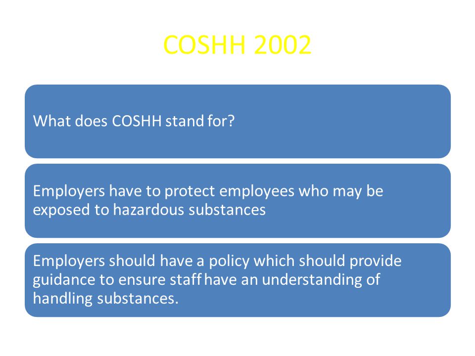 COSHH 2002 What does COSHH stand for.