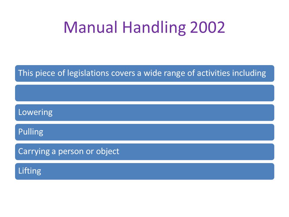 Manual Handling 2002 This piece of legislations covers a wide range of activities includingLoweringPullingCarrying a person or objectLifting