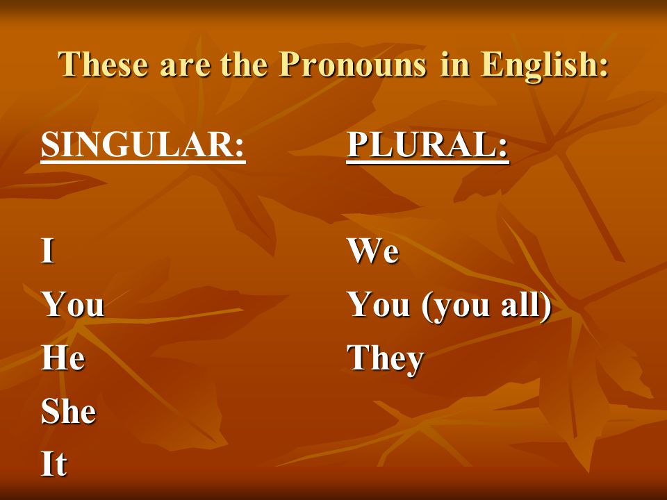 These are the Pronouns in English: SINGULAR:IYouHeSheItPLURAL:We You (you all) They
