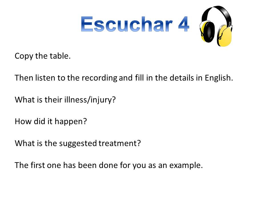 Copy the table. Then listen to the recording and fill in the details in English.
