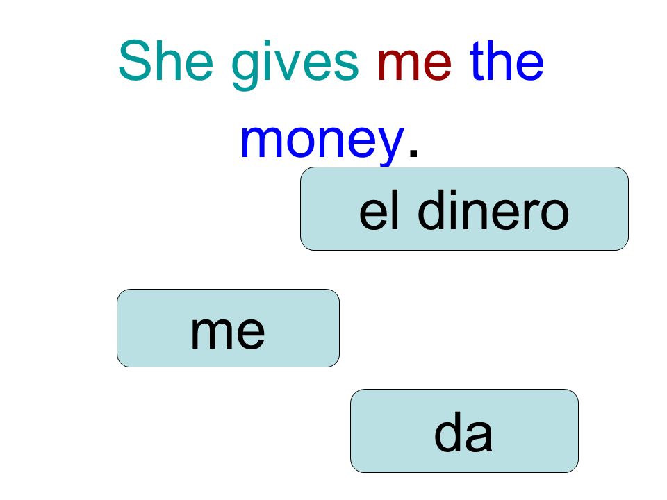 She gives me the money. me da el dinero