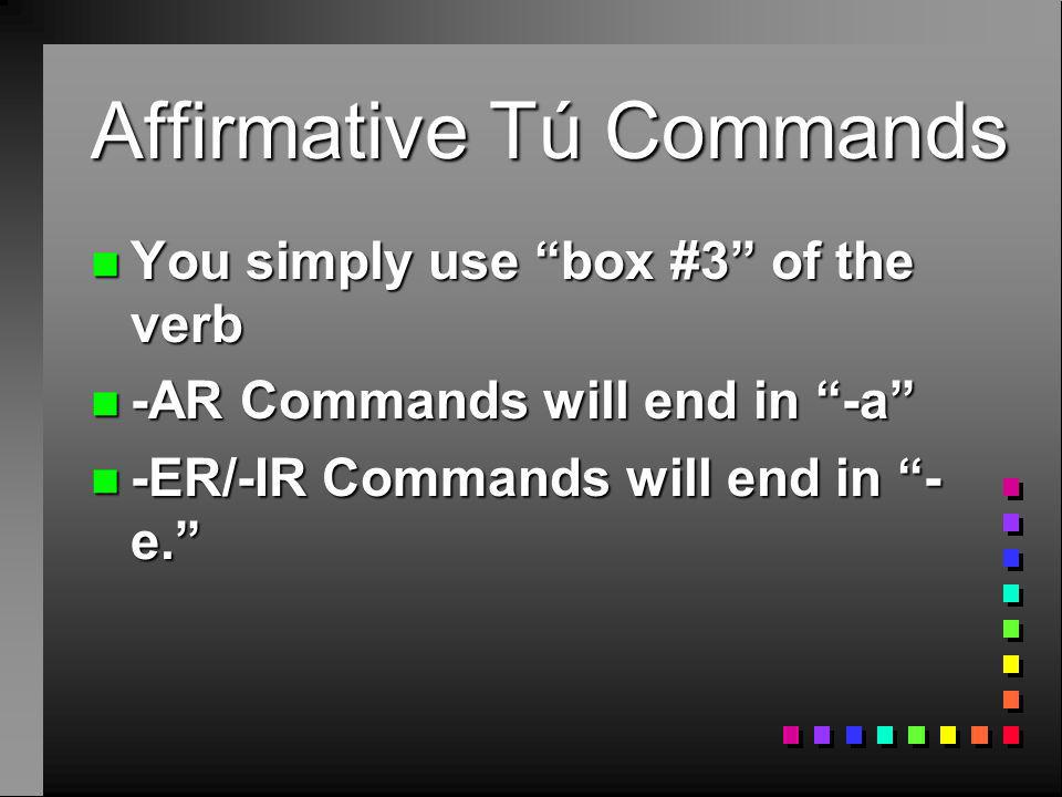 Affirmative Tú Commands n These are also known as familiar commands n We use these to tell people what to do n This unit they will be used to give directions too