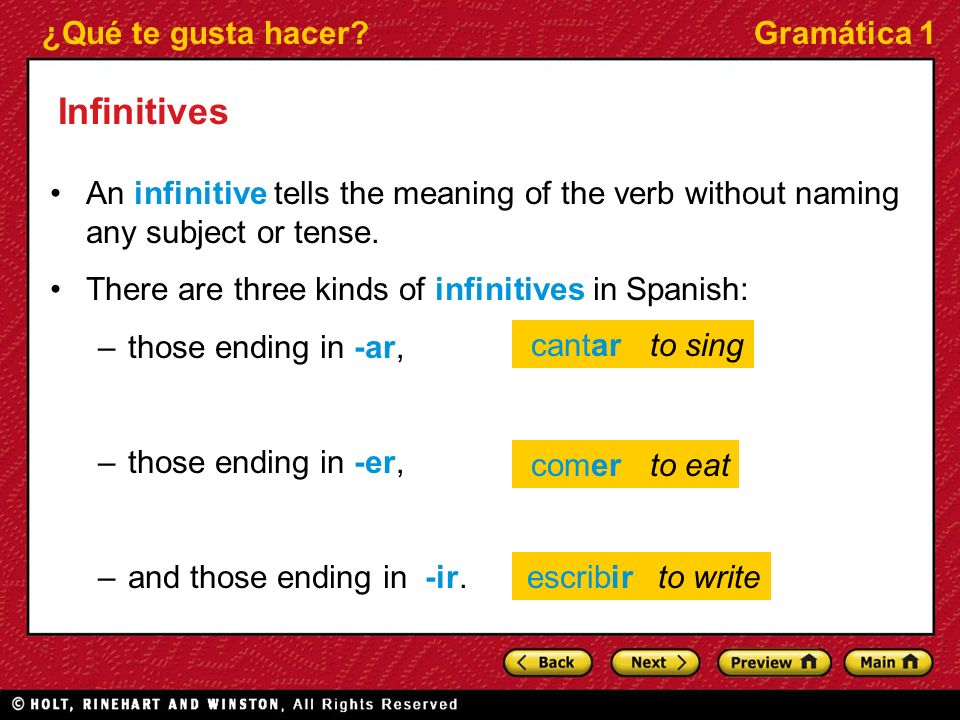 ¿Qué te gusta hacer Gramática 1 Infinitives An infinitive tells the meaning of the verb without naming any subject or tense.