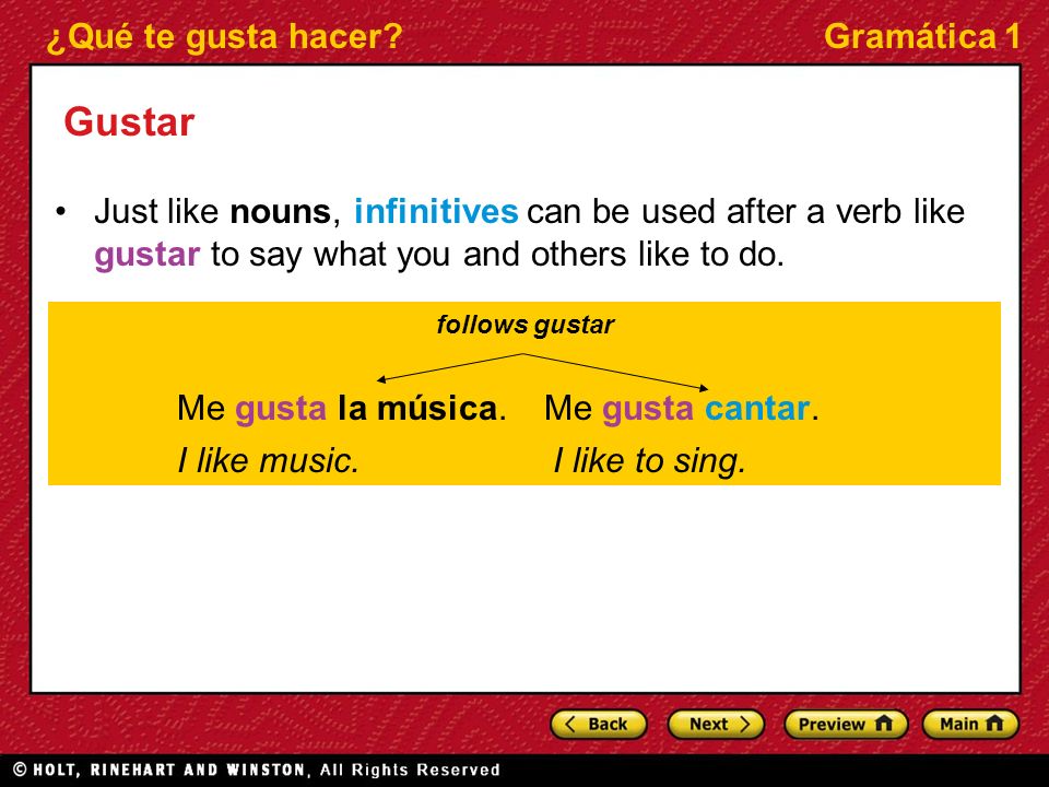 ¿Qué te gusta hacer Gramática 1 Gustar Just like nouns, infinitives can be used after a verb like gustar to say what you and others like to do.