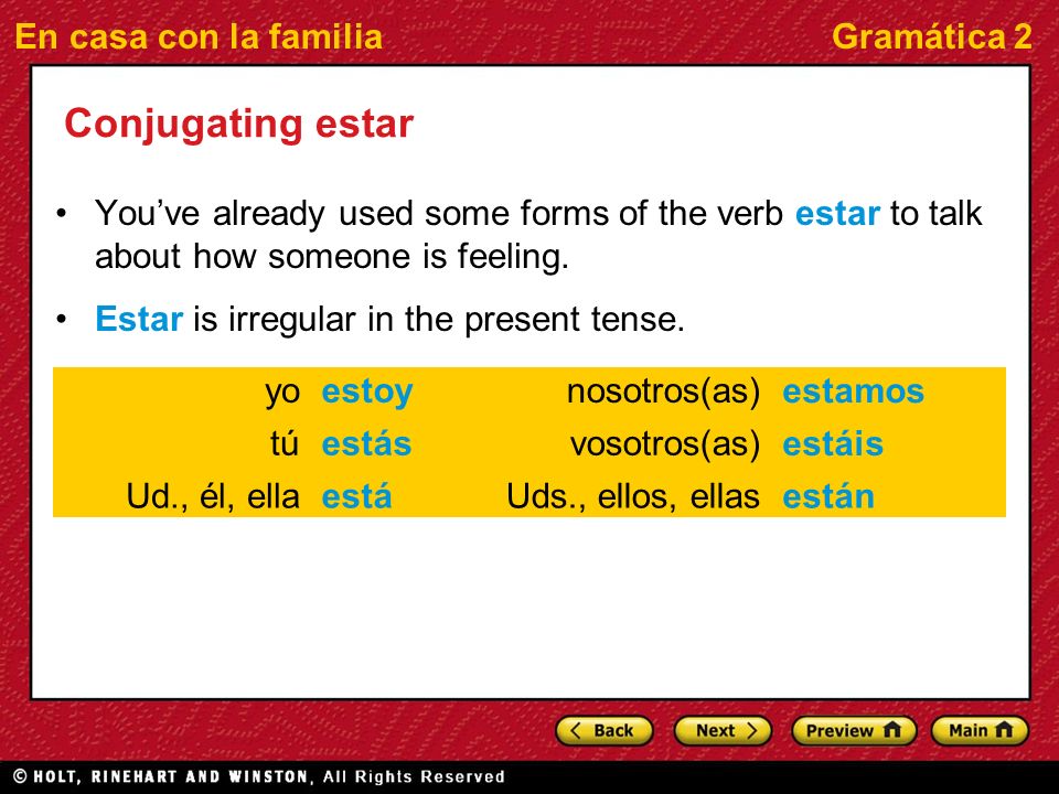 En casa con la familiaGramática 2 Conjugating estar Youve already used some forms of the verb estar to talk about how someone is feeling.
