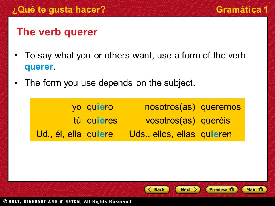 ¿Qué te gusta hacer Gramática 1 The verb querer To say what you or others want, use a form of the verb querer.