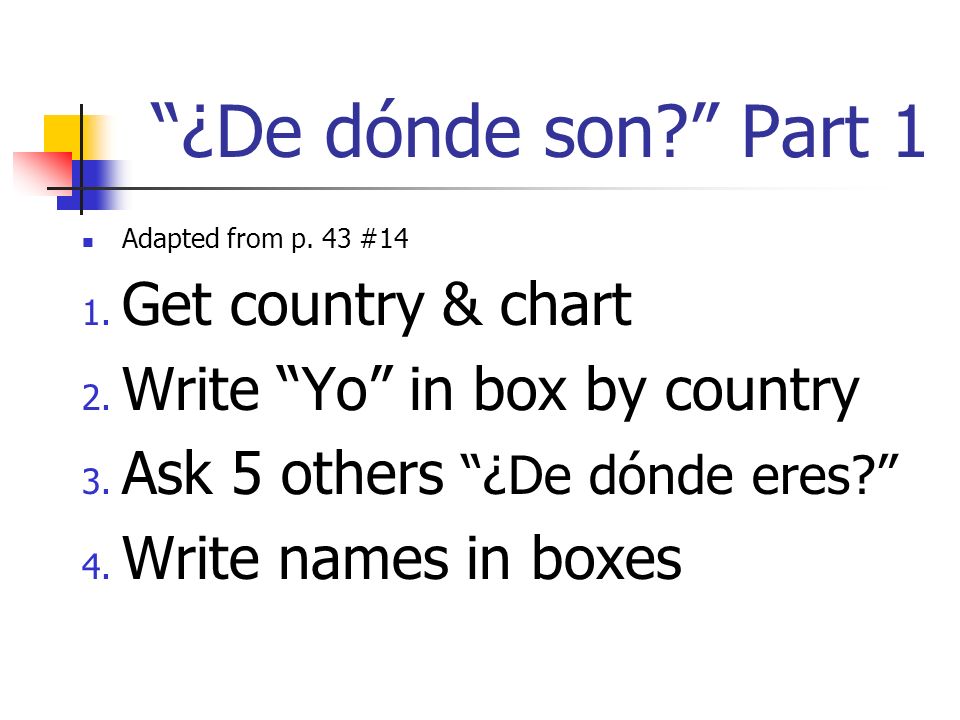 ¿De dónde son. Part 1 Adapted from p. 43 #14 1. Get country & chart 2.