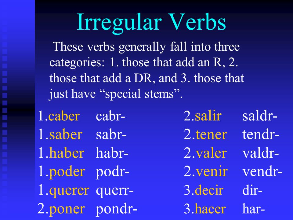 Irregular Verbs These verbs generally fall into three categories: 1.