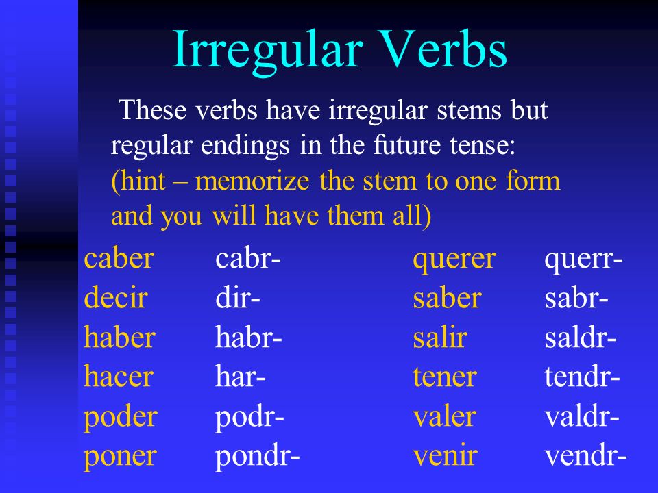 Irregular Verbs These verbs have irregular stems but regular endings in the future tense: (hint – memorize the stem to one form and you will have them all) cabercabr-quererquerr- decirdir-sabersabr- haberhabr-salirsaldr- hacerhar-tenertendr- poderpodr-valervaldr- ponerpondr-venirvendr-