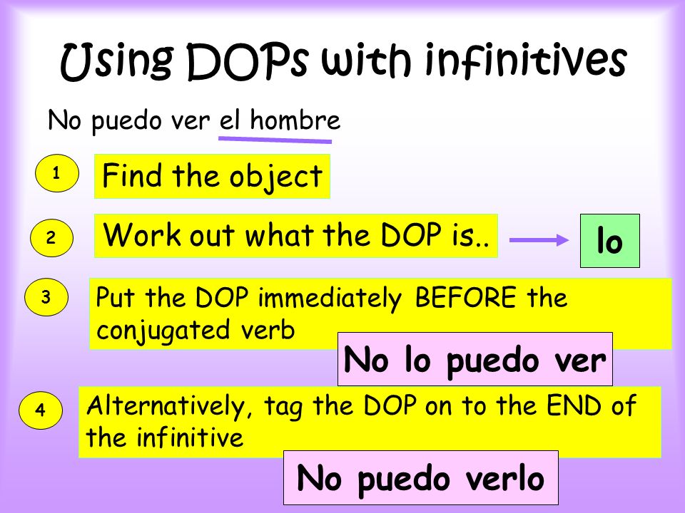 Using DOPs with infinitives No puedo ver el hombre 1 Find the object 2 Work out what the DOP is..