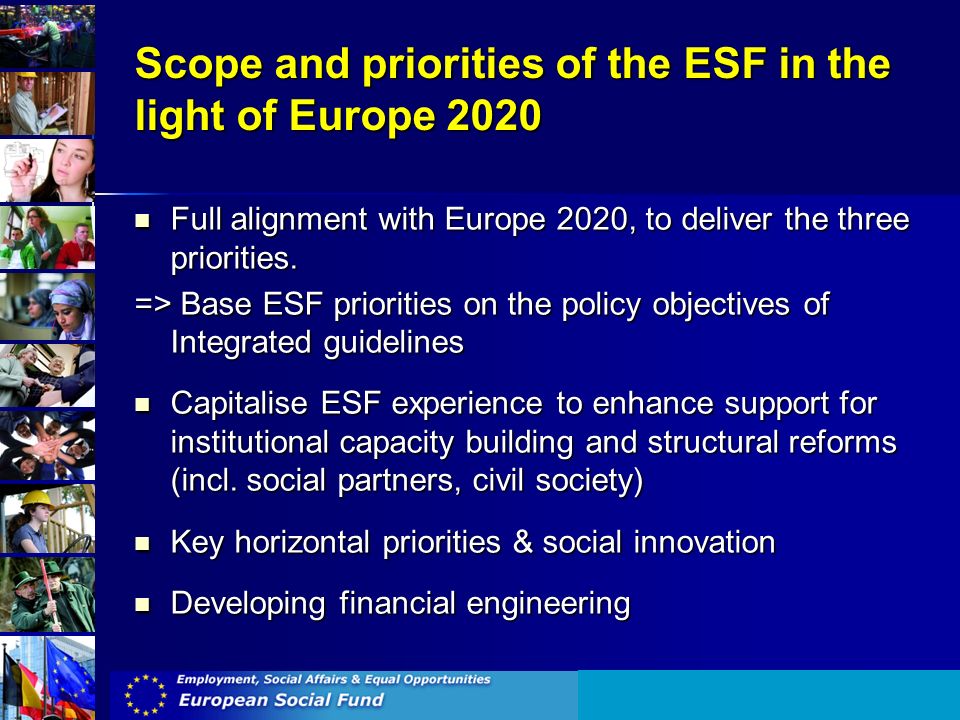 Scope and priorities of the ESF in the light of Europe 2020 Full alignment with Europe 2020, to deliver the three priorities.