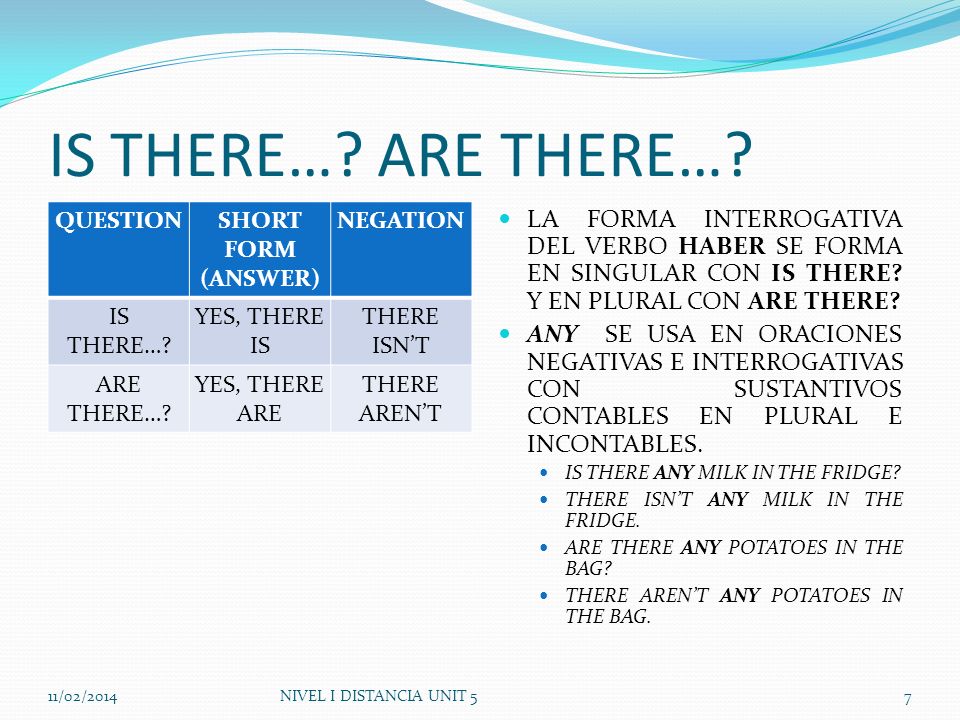 IS THERE…. ARE THERE…. QUESTIONSHORT FORM (ANSWER) NEGATION IS THERE….