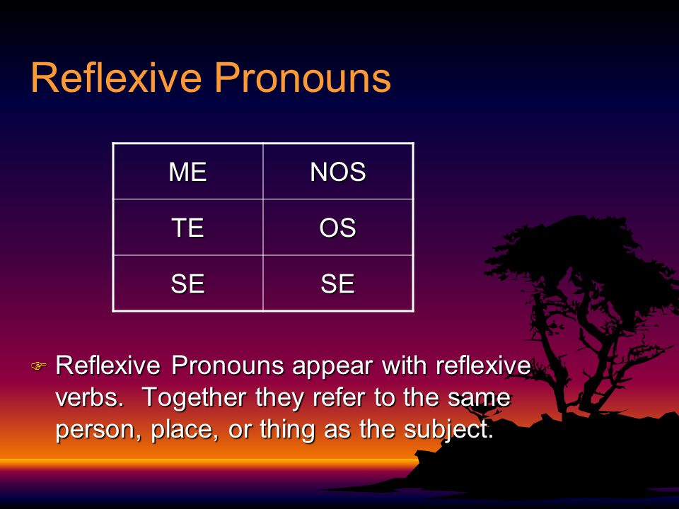 Reflexive Pronouns F Reflexive Pronouns appear with reflexive verbs.
