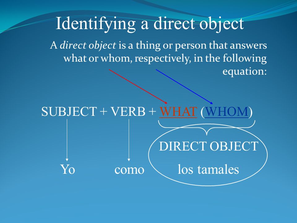 A direct object is a thing or person that answers what or whom, respectively, in the following equation: SUBJECT + VERB + WHAT (WHOM) DIRECT OBJECT Yocomolos tamales Identifying a direct object