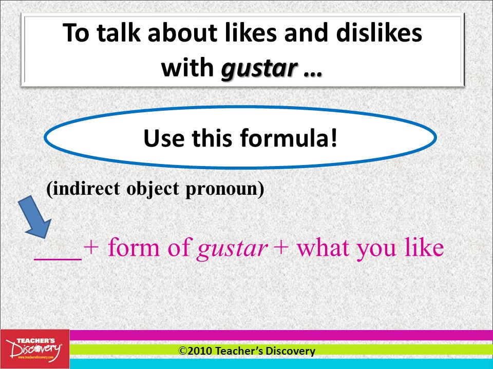 © 2010 Teachers Discovery Gustar Gustar is almost always used with indirect object pronouns.