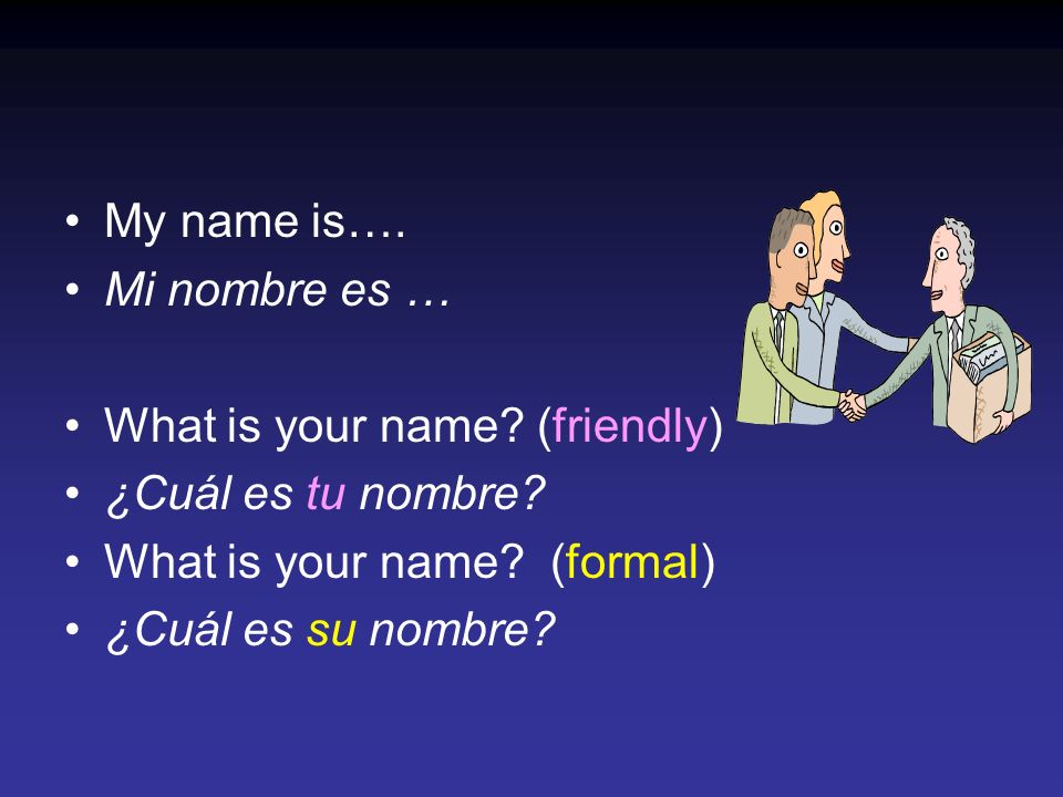 My name is…. Mi nombre es … What is your name. (friendly) ¿Cuál es tu nombre.
