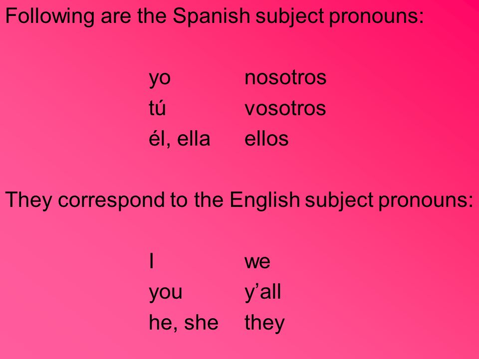 Following are the Spanish subject pronouns: yonosotros túvosotros él, ellaellos They correspond to the English subject pronouns: Iwe youyall he, shethey