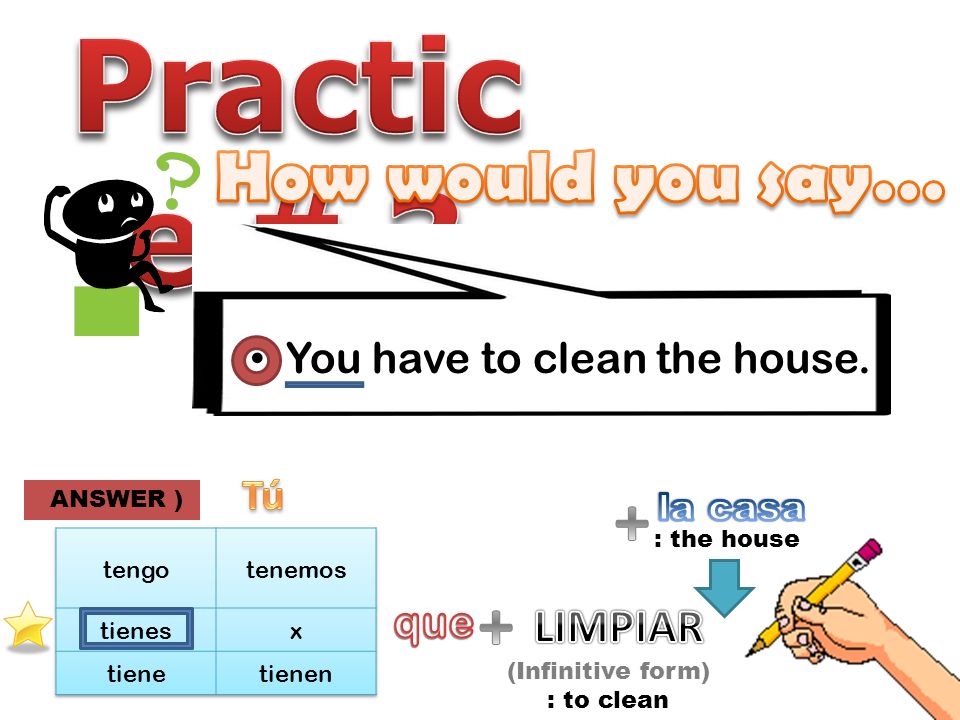 You have to clean the house. (Infinitive form) : to clean ANSWER ) : the house