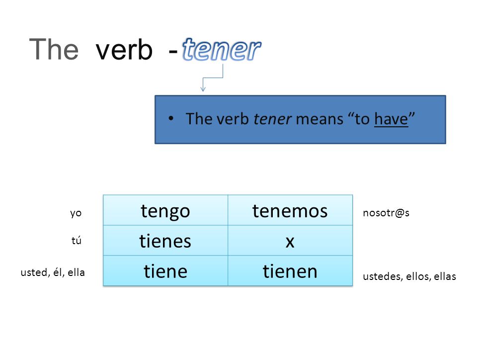 The verb - The verb tener means to have yo tú usted, él, ella ustedes, ellos, ellas