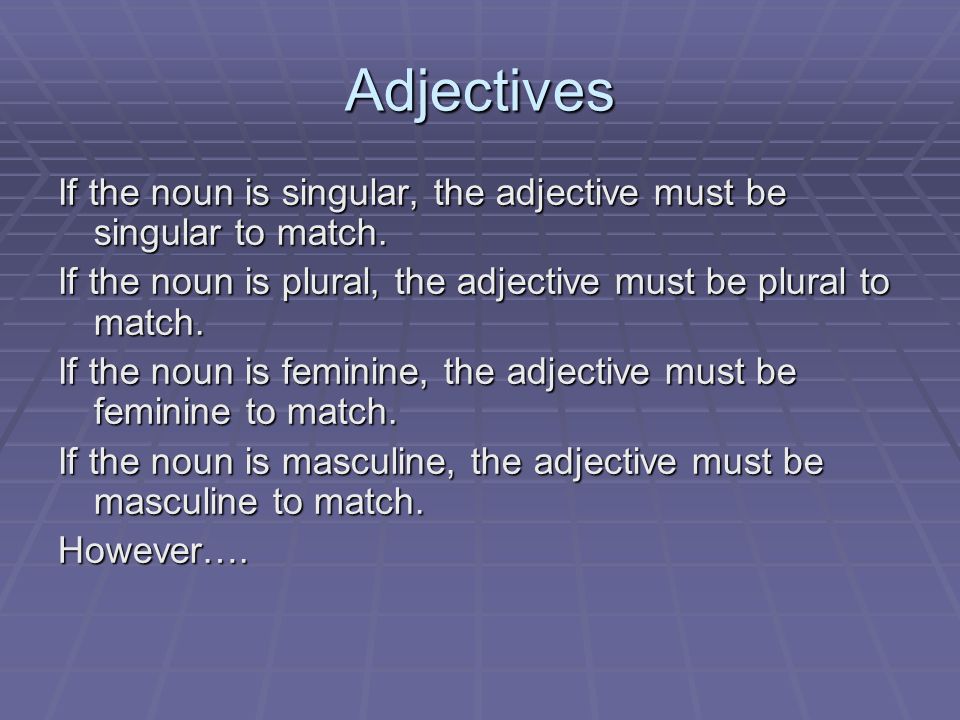 Adjectives If the noun is singular, the adjective must be singular to match.