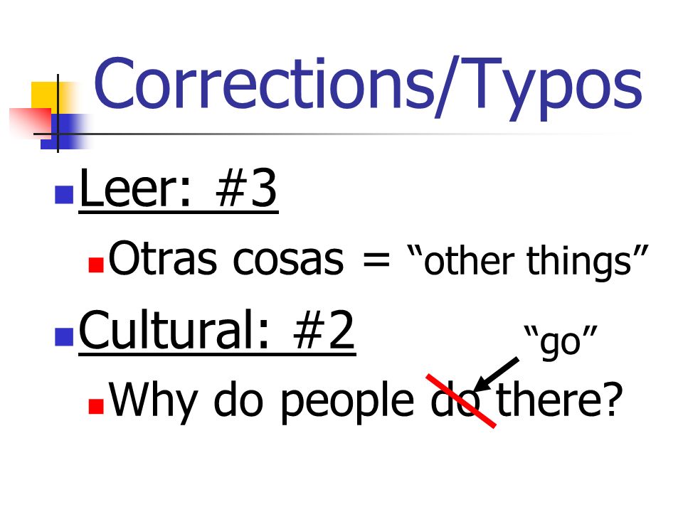 Corrections/Typos Leer: #3 Otras cosas = other things Cultural: #2 Why do people do there go