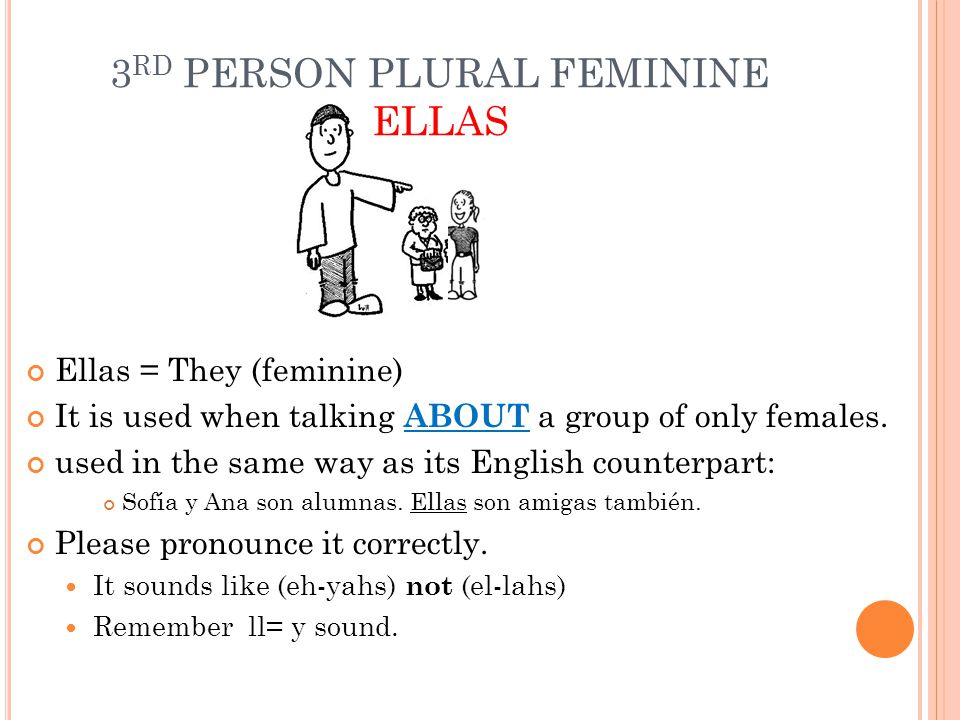 3 RD PERSON PLURAL FEMININE ELLAS Ellas = They (feminine) It is used when talking ABOUT a group of only females.