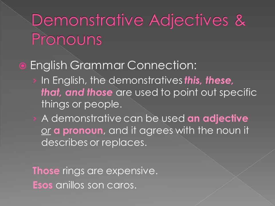  English Grammar Connection: › In English, the demonstratives this, these, that, and those are used to point out specific things or people.