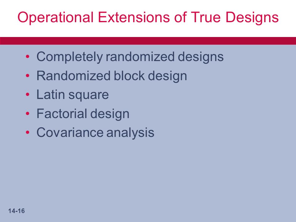 14-16 Operational Extensions of True Designs Completely randomized designs Randomized block design Latin square Factorial design Covariance analysis