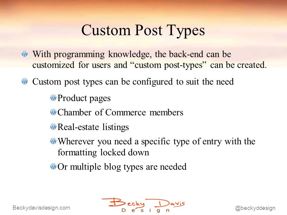 Custom Post Types With programming knowledge, the back-end can be customized for users and custom post-types can be created.